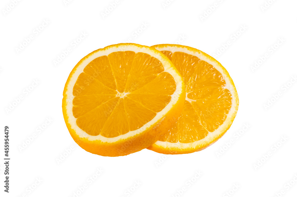 two slices of orange on a white isolated background. sliced orange two slices of orange on a white isolated background. sliced orange