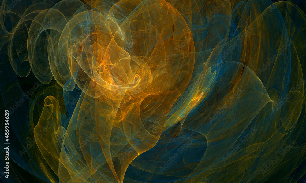 Obraz premium Dynamic 3d illustration of colorful multilayered texture in hot yellow orange and cold dark blue hues. Emotional glowing rushing translucent amorphous substances. Great as background, cover or print.