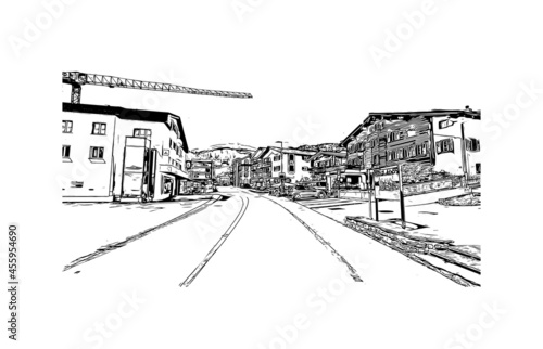 Building view with landmark of Laax is the 
municipality in Switzerland. Hand drawn sketch illustration in vector. photo