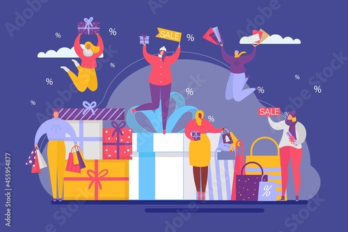 Cheerful tiny people character together standing advertisement holiday gift box, sale holiday flat vector illustration, isolated on blue.