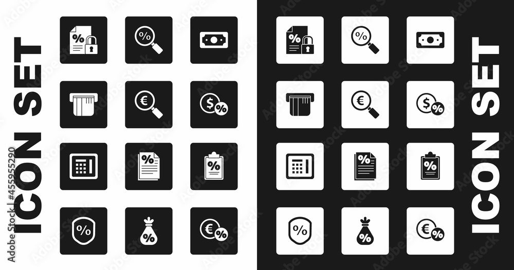 Set Stacks paper money cash, Magnifying glass and euro, Credit card, Finance document lock, Money coin with percent, and Safe icon. Vector Set Stacks paper money cash, Magnifying glass and euro, Credit card, Finance document lock, Money coin with percent, and Safe icon. Vector