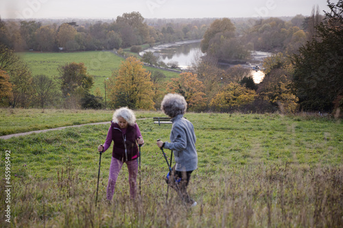 Active senior women friends with walking sticks in autumn park