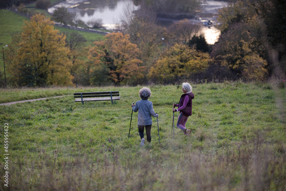 Smiling, affectionate senior women with walking sticks Smiling, affectionate senior women with walking sticks