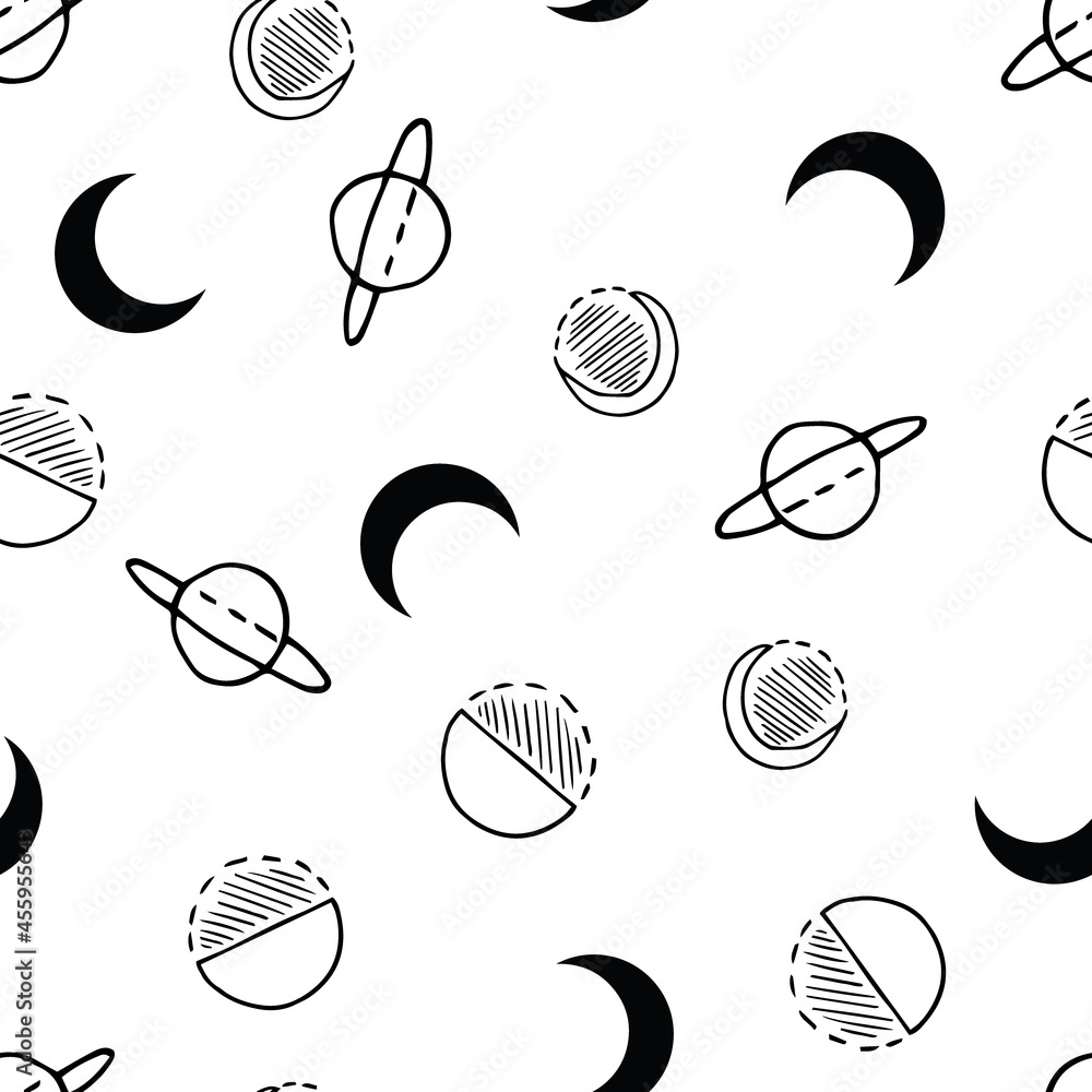 Cute Planets and Moon in Black and White Contrast Vector Seamless Pattern Cute Planets and Moon in Black and White Contrast Vector Seamless Pattern