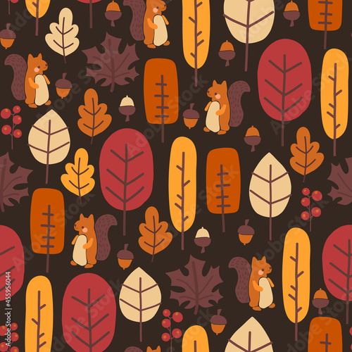 Autumn nature seamless vector pattern cute autumn forest, squirrel, leaves, trees, nuts, acorns. Thanksgiving fall background for wallpaper, packaging, textiles. Autumn Holidays kids illustration.