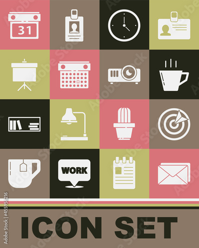 Set Envelope, Target sport, Coffee cup, Clock, Calendar, Chalkboard with diagram, and Movie, film, media projector icon. Vector