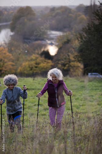 Active senior women friends with walking sticks in autumn park © KOTO
