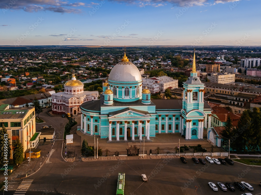 Evening summer Kursk, Cathedral of the Icon of the Mother of God The Sign Znamensky, aerial drone view