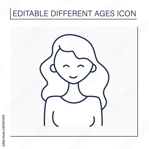 Early adulthood line icon. Adult strong woman. Happy young female person. Life cycle. Different ages concept. Isolated vector illustration. Editable stroke