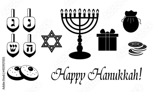 Hanukkah symbols, black and white icons of Jewish religious holiday, menora, dreidel, coins, David star, Happy Hanukkah elements 