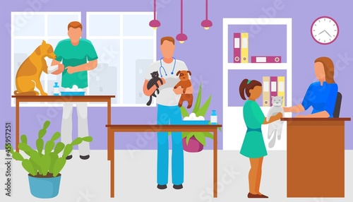 Professional veterinarian doctor character hold home pet kitty and puppy, vet medical clinic help domestic animal flat vector illustration banner.