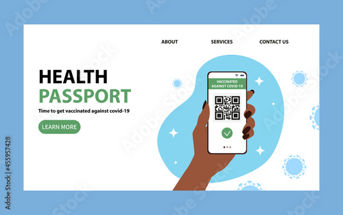 Landing page for vaccination against coronavirus with the QR-code of the passport with the covid-19 vaccine. Flat vector illustration