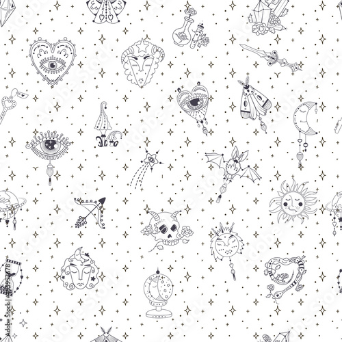 Boho astrology and a seamless pattern of stars and a magic element, a crystal of witchcraft doodles, the concept of a magical heavenly night, bohemian symbols.Modern fashionable vector illustration