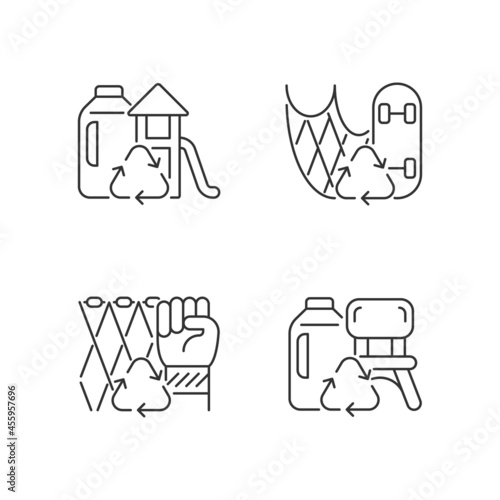 Recycling for sustainability linear icons set. Fishing gear reuse. Eco friendly playground. Customizable thin line contour symbols. Isolated vector outline illustrations. Editable stroke
