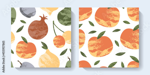 Seamless pattern with cute apple, plum, pear, lemon, cherry, pomegranate. Fruit background. Vector flat cartoon illustration, perfect for kids textile, fabric, wrapping paper