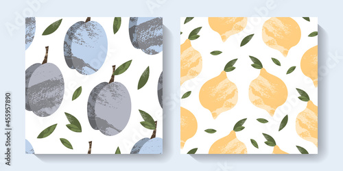 Seamless pattern with cute lemon, plum. Fruit citrus background. Vector flat cartoon illustration, perfect for kids textile, fabric, wrapping paper