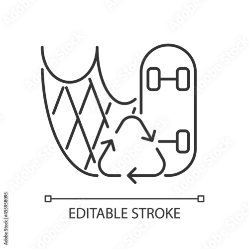 Skateboard made from fishing nets linear icon. Fishing gear reuse. Recycled plastic material. Thin line customizable illustration. Contour symbol. Vector isolated outline drawing. Editable stroke