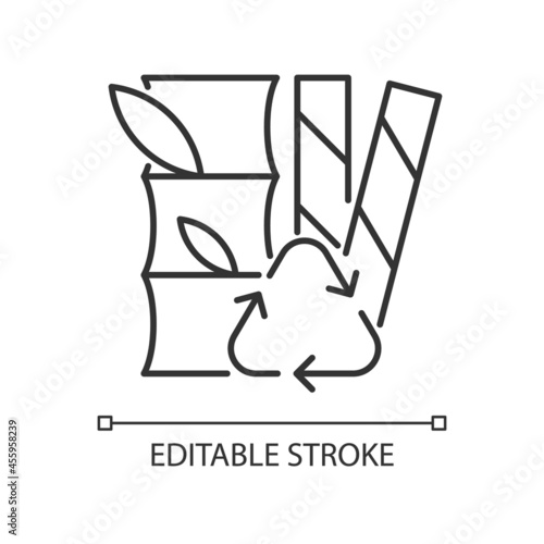 Compostable straws from plants linear icon. Plant-based materials. Sugarcane fibers. Thin line customizable illustration. Contour symbol. Vector isolated outline drawing. Editable stroke