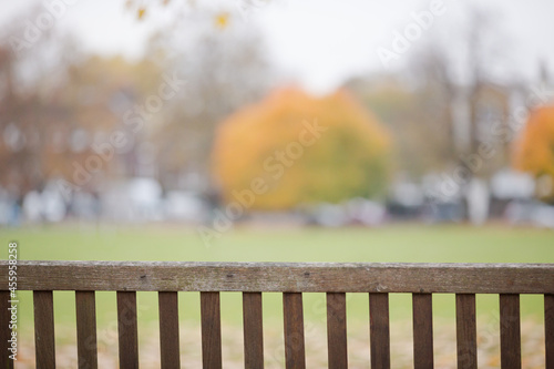Brown bench in autumn park