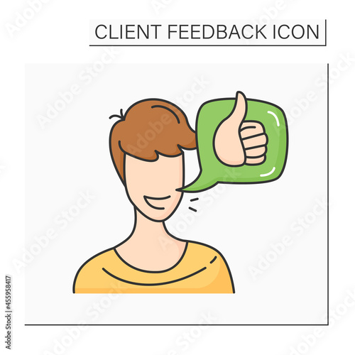 Consumer recommendation color icon. Client head with thumb up comment. Marketing service and customer feedback management concept. Positive experience. Isolated vector illustration