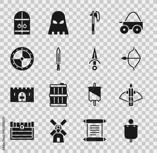 Set Medieval flag, Battle crossbow with arrow, and, axe, sword, Round wooden shield, castle gate and Dagger icon. Vector