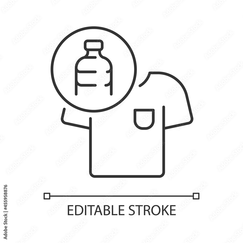 Clothes made from plastic bottles linear icon. Sustainable clothing item. Sustainable t shirt. Thin line customizable illustration. Contour symbol. Vector isolated outline drawing. Editable stroke