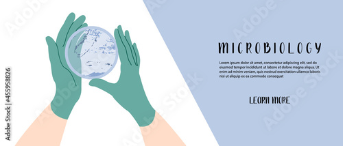 Scientist's hand in glove holding Petri dish, plate with agar, bacterial colony. Bacteriology. Microbiology. Laboratory test, bacteriological swab, chemical analysis. Vector flat cartoon illustration