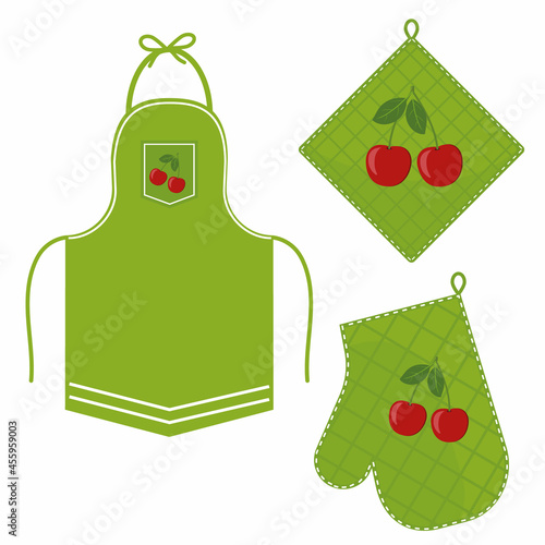 Oven mitt and oven mitt and apron hanging on the rack on hooks, color isolated vector illustration in the flat style