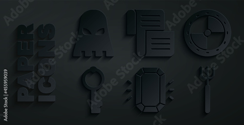 Set Diamond, Round wooden shield, Old key, Garden pitchfork, Decree, parchment, scroll and Executioner mask icon. Vector