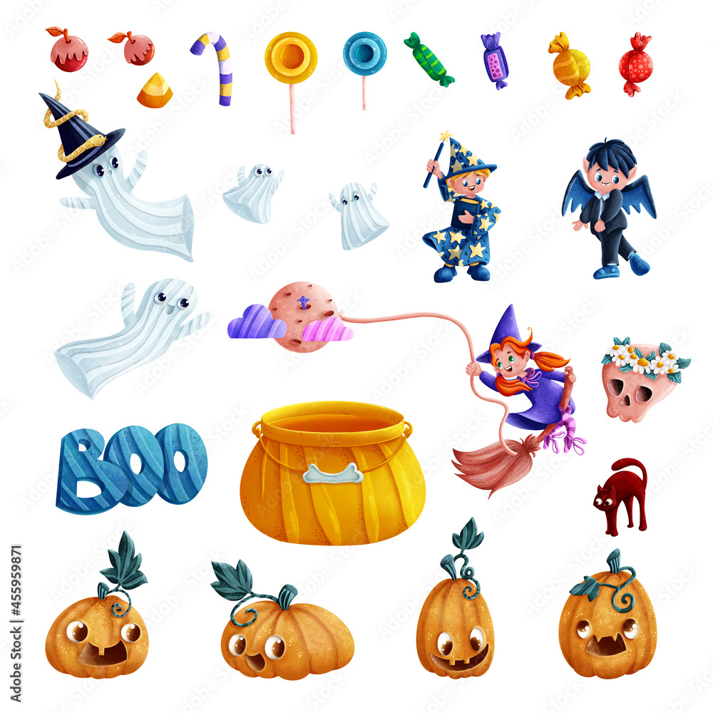 Fototapeta premium Set of Halloween illustrations perfect for stickers and spot illustrations for children