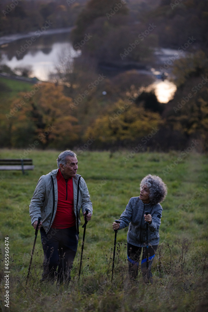 Smiling, affectionate senior couple wih walking stick Smiling, affectionate senior couple wih walking stick