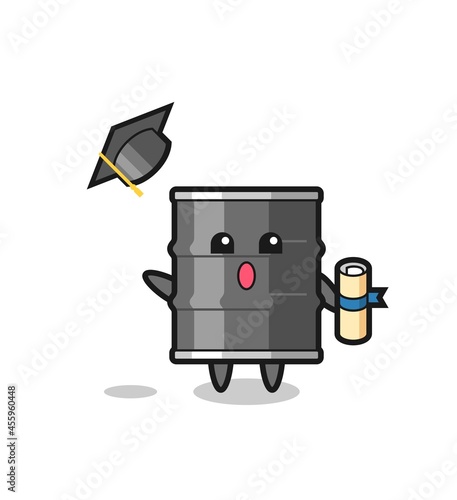 Illustration of oil drum cartoon throwing the hat at graduation photo