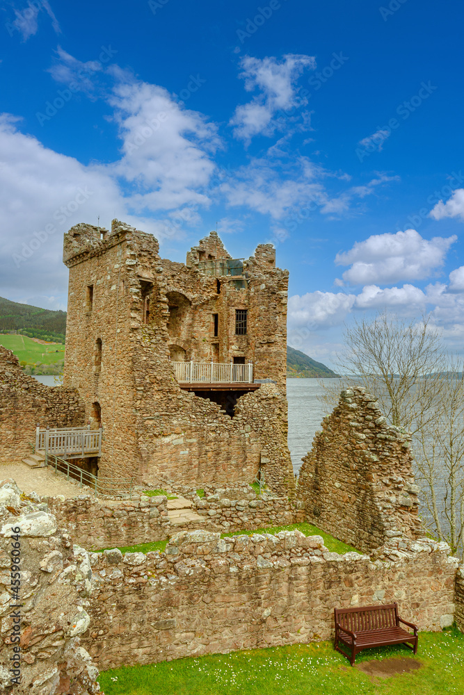 Grant tower of the Urquhart Castle by the Loch Ness lake in Scotland, United Kingdom. Close to Drumnadrochit and Inverness. vertical shot