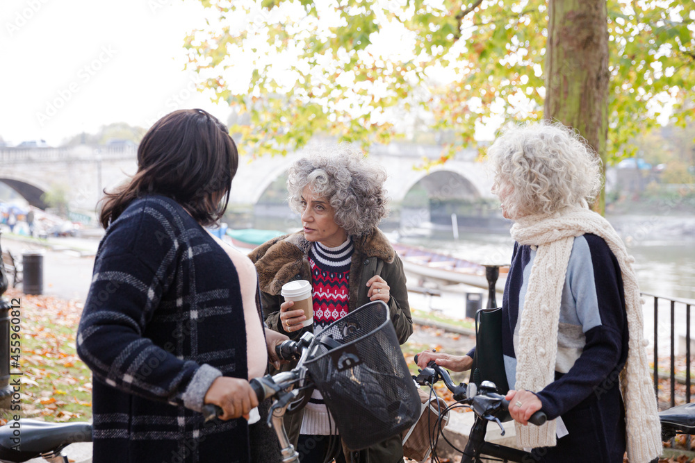 Portrait confident, smiling senior women bike riding in autumn park