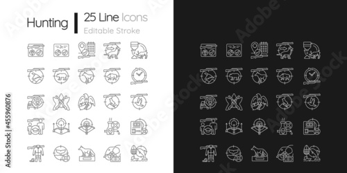 Wild animals hunting linear icons set for dark and light mode. Big and small game hunting. Hunt license. Customizable thin line symbols. Isolated vector outline illustrations. Editable stroke photo