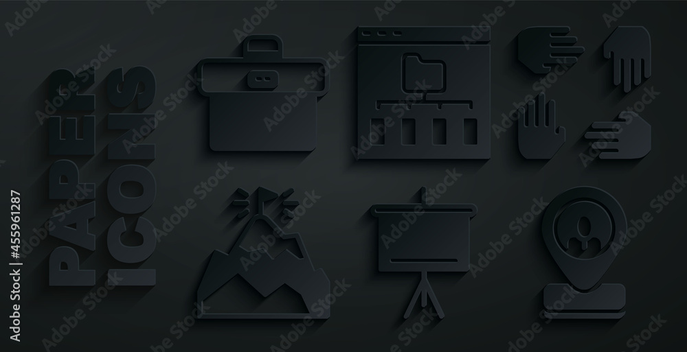 Set Chalkboard, Project team base, Mountains with flag, Worker location, Browser files and Briefcase icon. Vector Set Chalkboard, Project team base, Mountains with flag, Worker location, Browser files and Briefcase icon. Vector