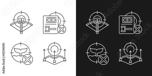 Hunting provisions and restrictions linear icons set for dark and light mode. Wildlife protection act. Customizable thin line symbols. Isolated vector outline illustrations. Editable stroke