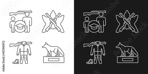 Hunting trophy and equipment linear icons set for dark and light mode. Hunting junior education. Customizable thin line symbols. Isolated vector outline illustrations. Editable stroke