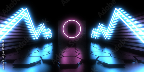 Fototapeta Naklejka Na Ścianę i Meble -  3D abstract background with neon lights. neon tunnel. .space construction . .3d illustration33