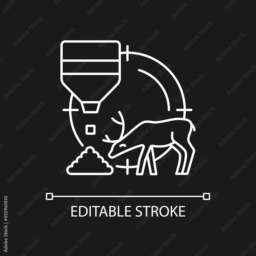 Bait hunting white linear icon for dark theme. Attract and lure wild animals. Capture prey. Thin line customizable illustration. Isolated vector contour symbol for night mode. Editable stroke
