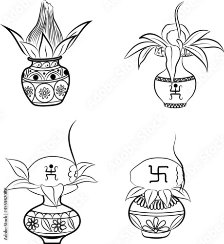 Indian puja pots in line art | coconut on pot with mango leaves