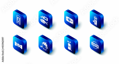 Set Fish and chips, Pound sterling money, London mail box, sign, Golf bag with clubs, Sherlock Holmes, Bow tie and phone booth icon. Vector