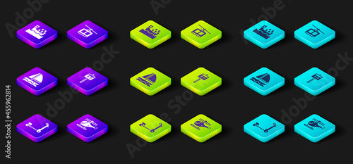 Set Scooter, Helicopter, Yacht sailboat, Road traffic signpost, Cable car and Cargo ship with boxes icon. Vector
