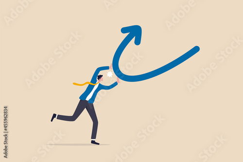 Change, transform or transition, turn into opposite direction form down to up, solution for problem or business improvement concept, confidence businessman push going down arrow change to up direction