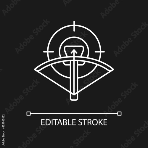 Hunting with crossbow white linear icon for dark theme. Archery. Use camouflage and game call. Thin line customizable illustration. Isolated vector contour symbol for night mode. Editable stroke