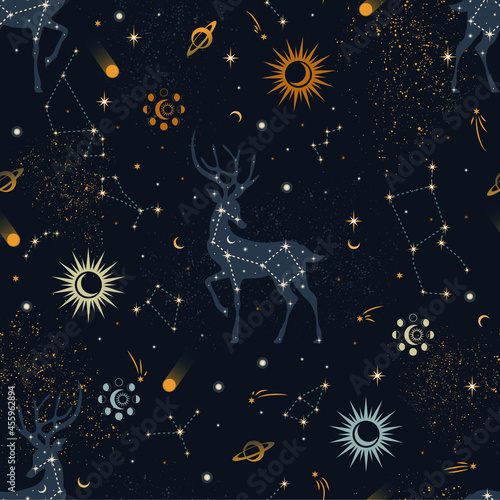 Seamless pattern with cosmic deers. Design for card, fabric, print, greeting, cloth, poster, clothes, textile.