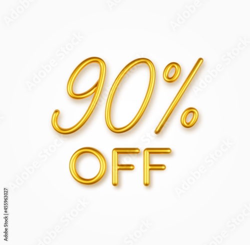 90 percent off golden realistic text on a light background.