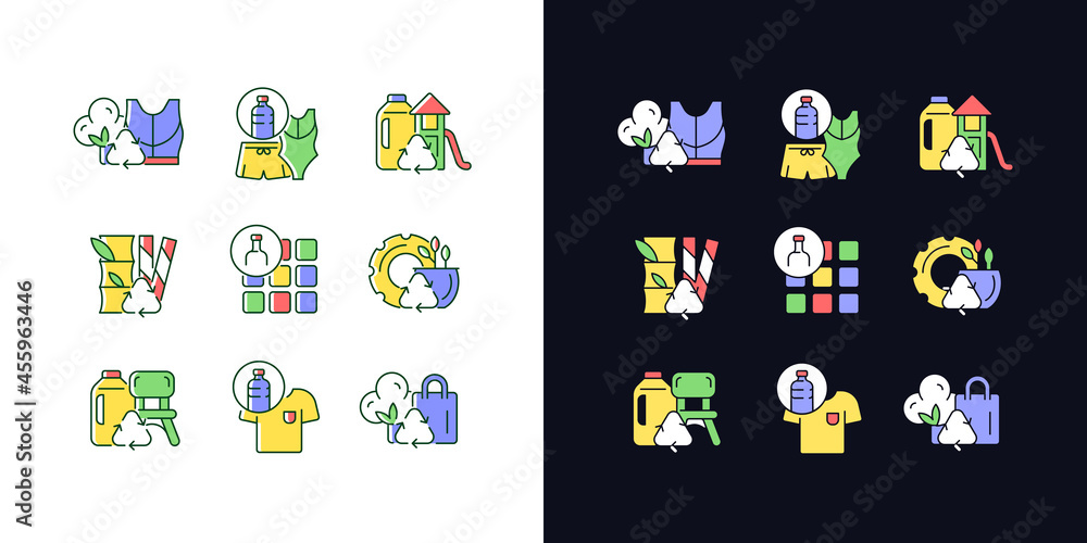 Natural resources conservation light and dark theme RGB color icons set. Reuse plastic products. Zero waste. Isolated vector illustrations on white and black space. Simple filled line drawings pack