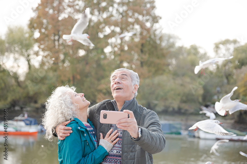 Wallpaper Mural Playful senior couple taking selfie at pond in park Torontodigital.ca