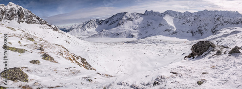 Five Lakes Valey in winter time. Panorama. Tatras mountains Poland